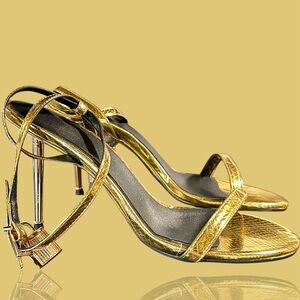 NWOT Gold Lizard Embossed Open-Toe Heels w/ Ankle Strap & Lock and Key Size 11